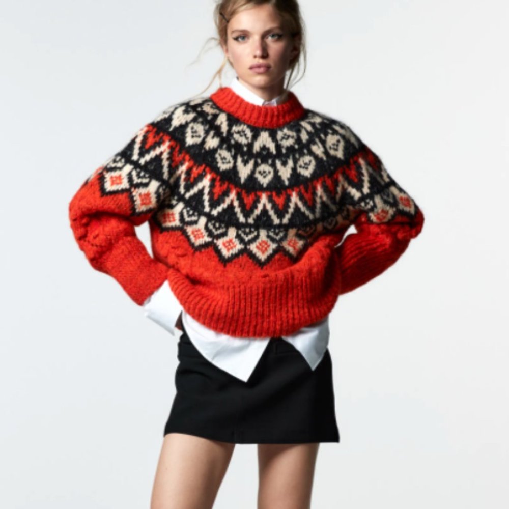 Zara POMPOM JACQUARD KNIT SWEATER MULTICOLORED